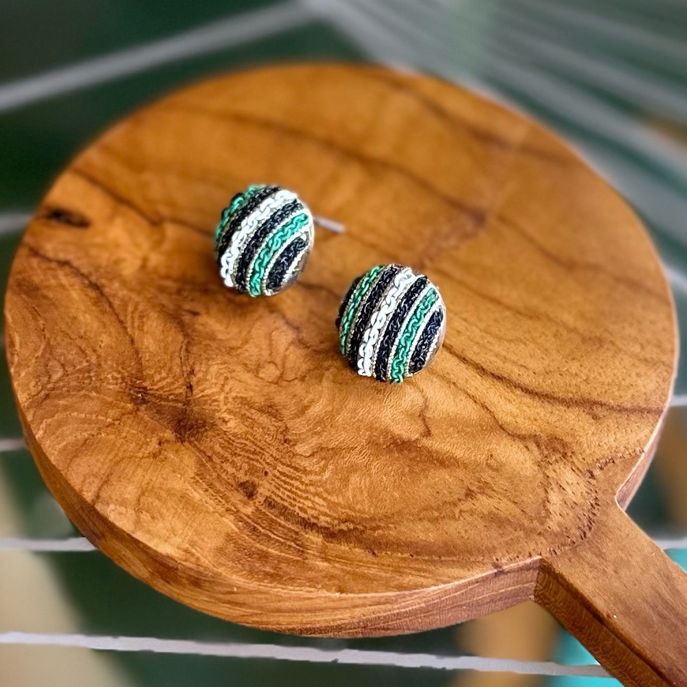 Chainlink Statement Stud Earrings - Round - Green, White, Black, Gold